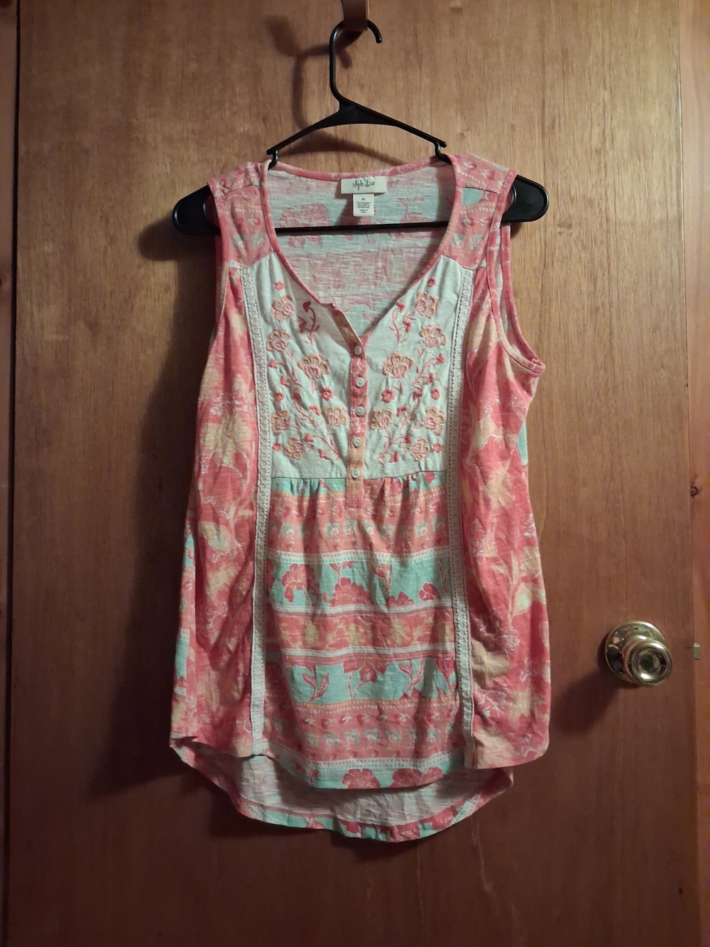 Style And Co. Coral Pink and Aqua Floral Embroidered Tank